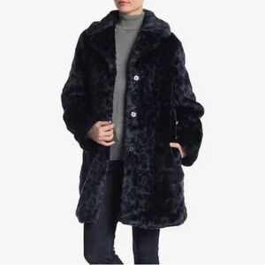 Laundry by Shelli Segal Blue Faux Fur Leopard Print Winter Mid Length Overcoat